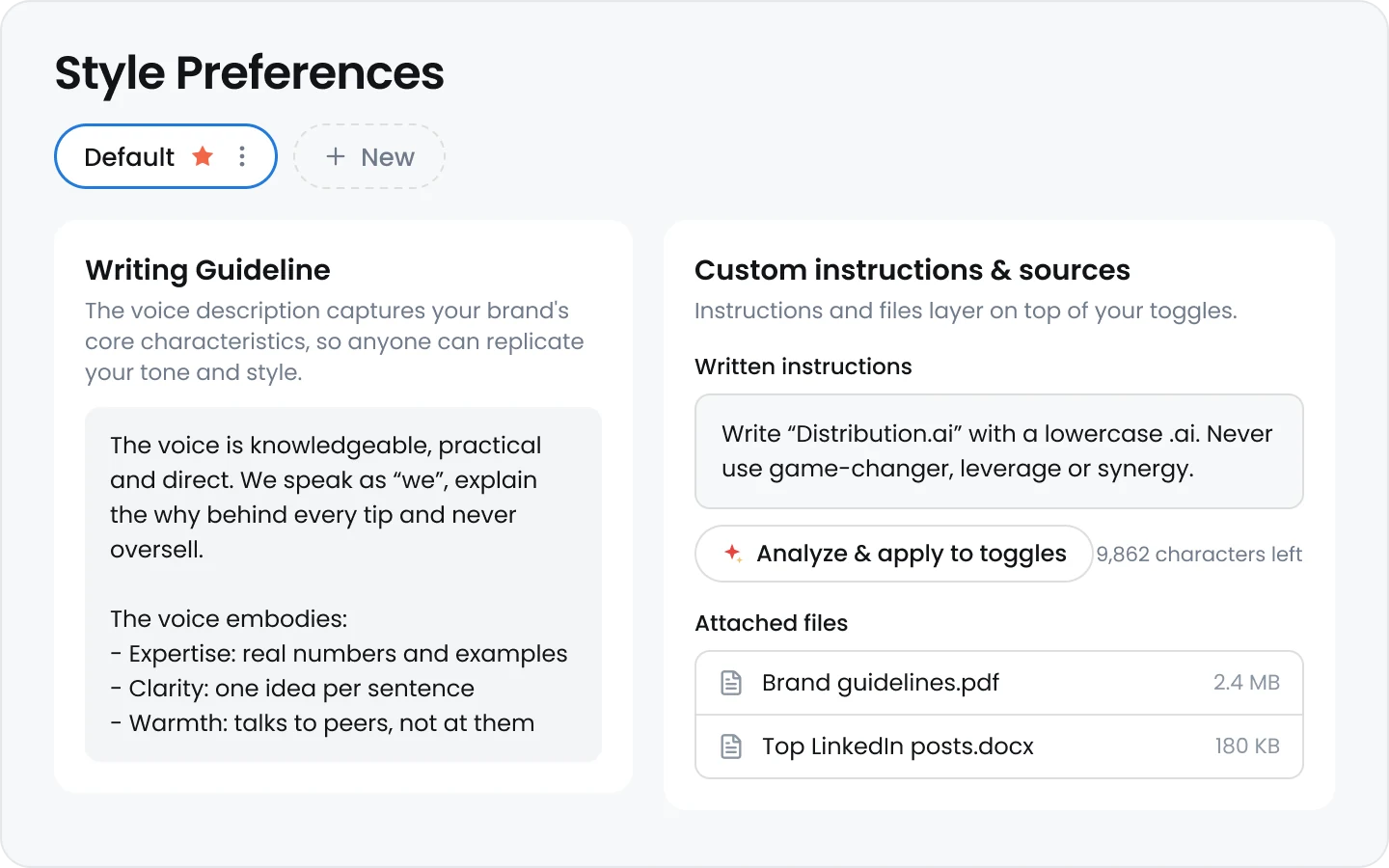 Style Preferences in Distribution.ai: a written voice guideline, custom instructions and attached brand files