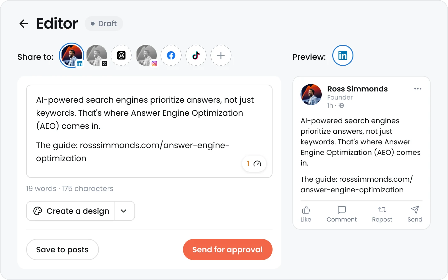 Distribution.ai's content editor for LinkedIn, with the post preview next to it