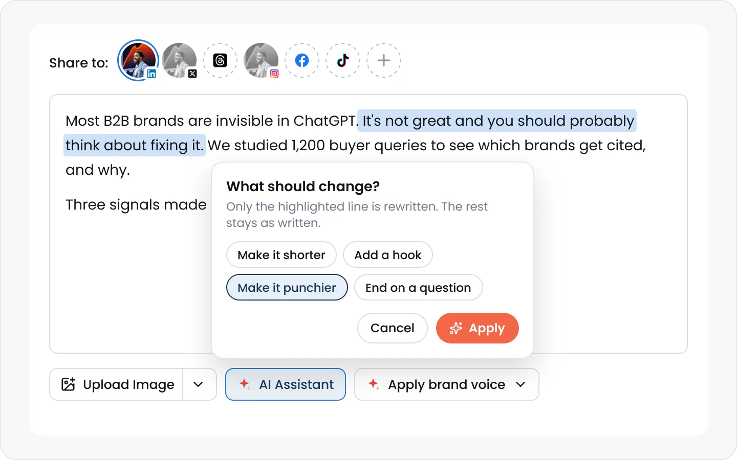Distribution.ai's AI Assistant rewriting only the highlighted sentence of a post, with options like Make it punchier