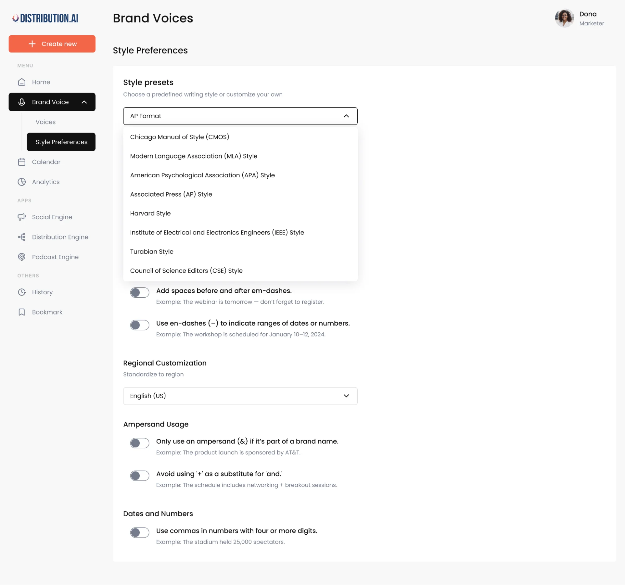 Distribution.ai style presets to personalize the content for the brand.