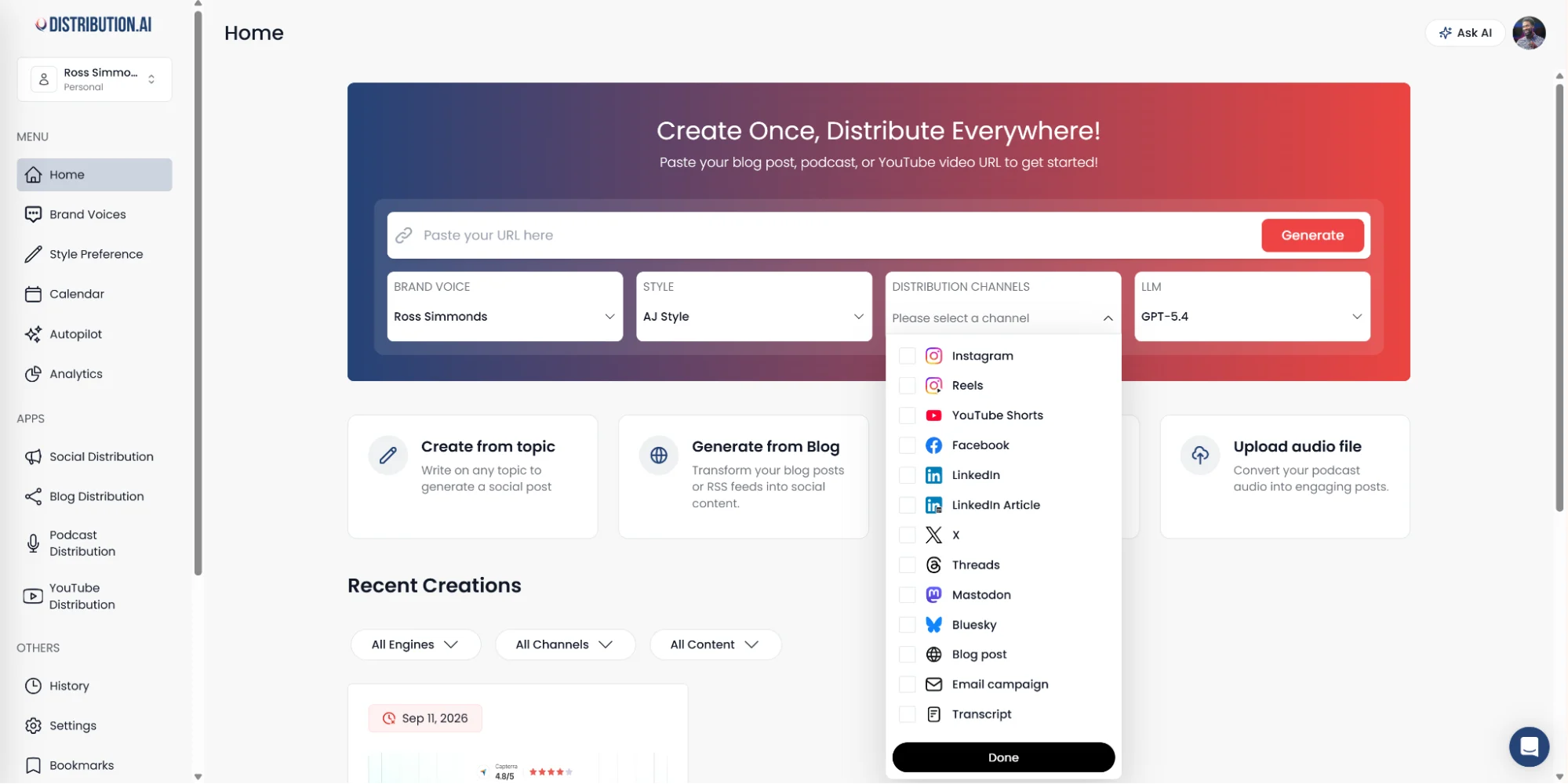 Distribution.ai’s content repurposing feature showing different formats of content based on channel