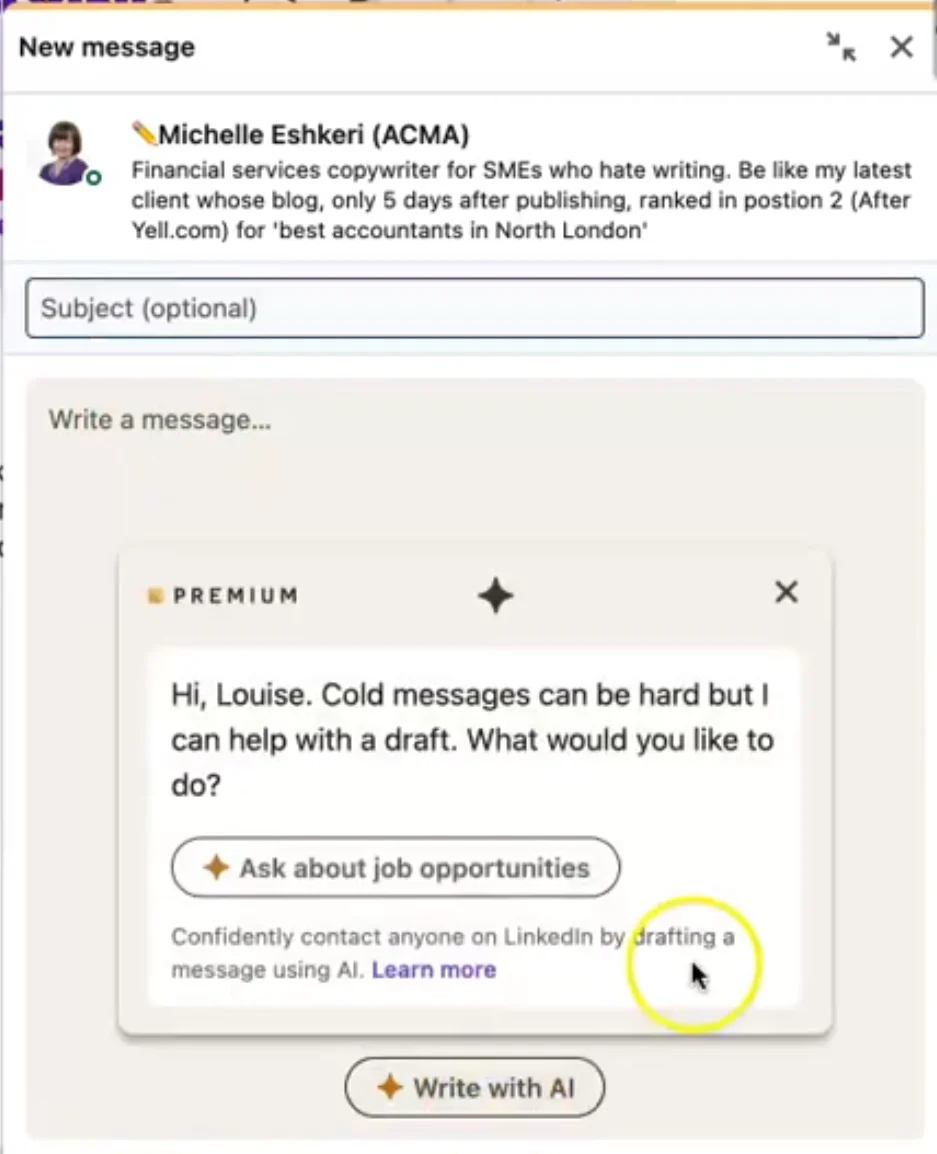 LinkedIn Premium Write with AI feature highlighted inside the new message compose window