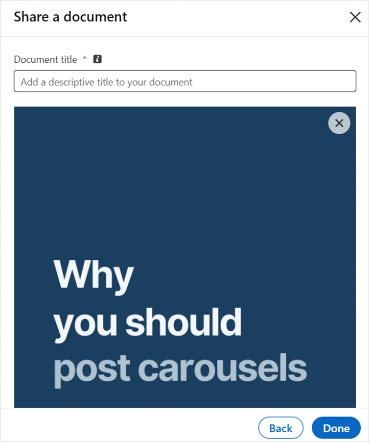 LinkedIn “Share a document” option for carousel uploading