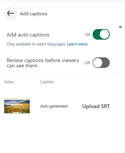 LinkedIn auto-captions option for videos.