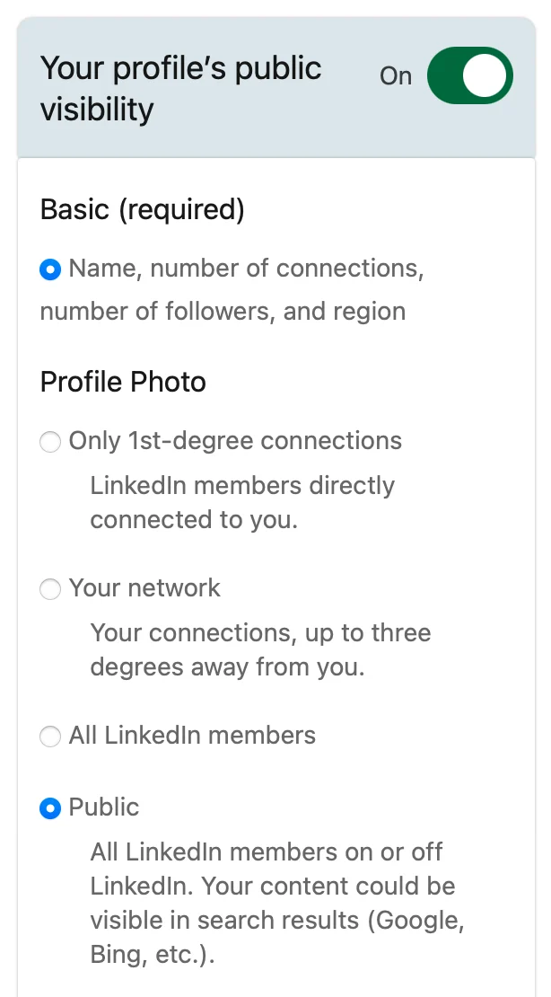 LinkedIn profile visibility settings.