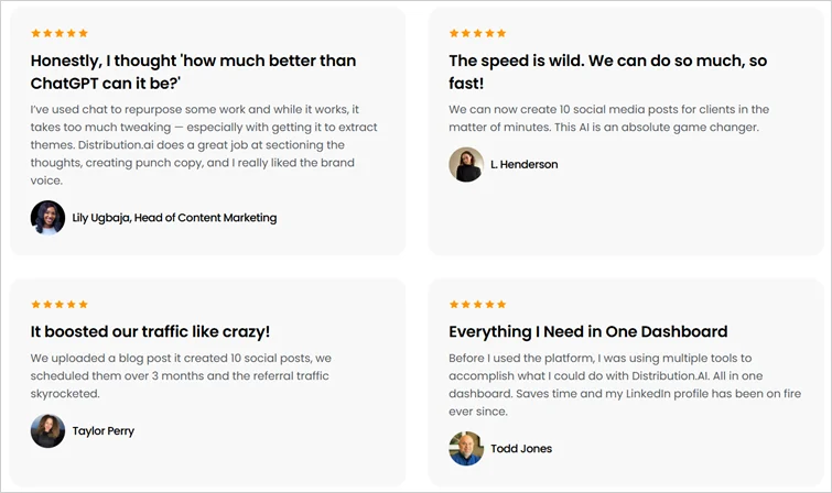 Testimonials from marketers using Distribution AI for content repurposing and social media marketing.