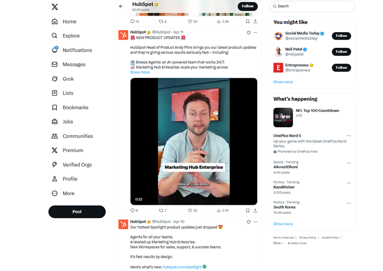 HubSpot posts diverse content on X to build credibility