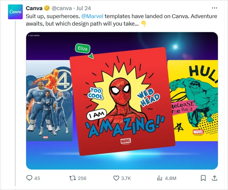 Promotion of Canva’s Marvel templates on X