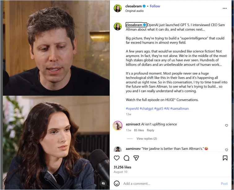 Cleo Abram x Sam Altman conversation on ChatGPT 5 clip on Instagram
