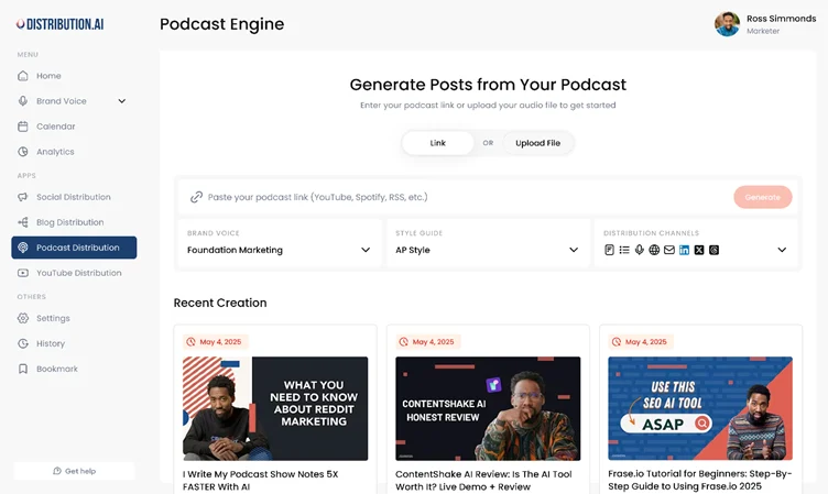 Create blog posts, social media content from your podcasts with Distribution AI.