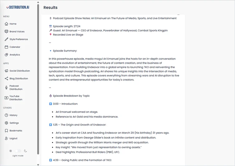 Generate show notes using Distribution AI.