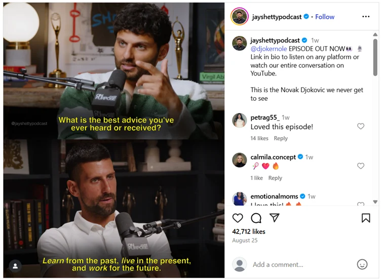 Jay Shetty shared a quote graphic to promote his podcast episode with Novak Djokovic