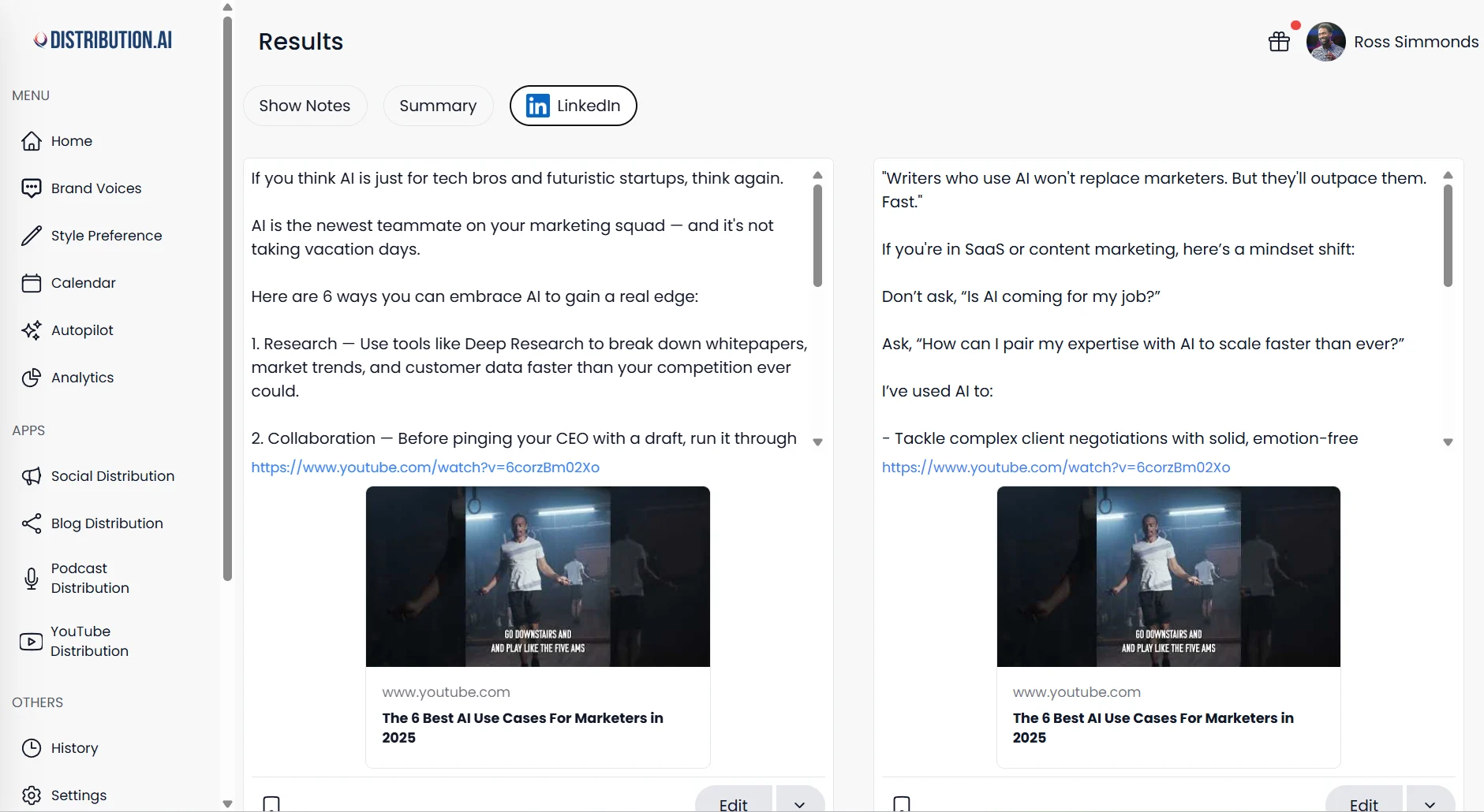 Repurpose your YouTube video to create multiple LinkedIn post variations.