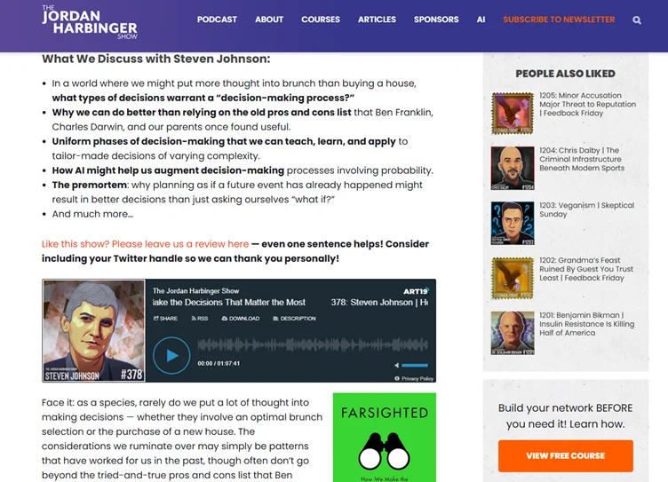 The Jordan Harbinger Show example for detailed show notes