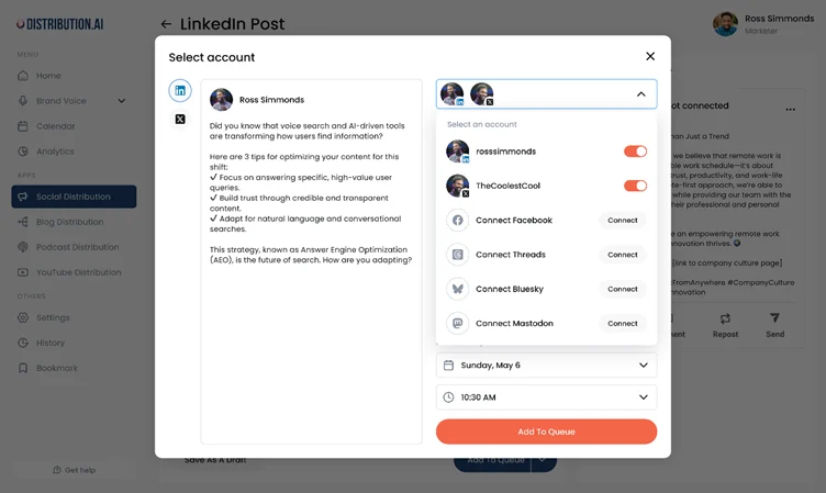 Connect multiple social accounts via Distribution AI to manage them simultaneously