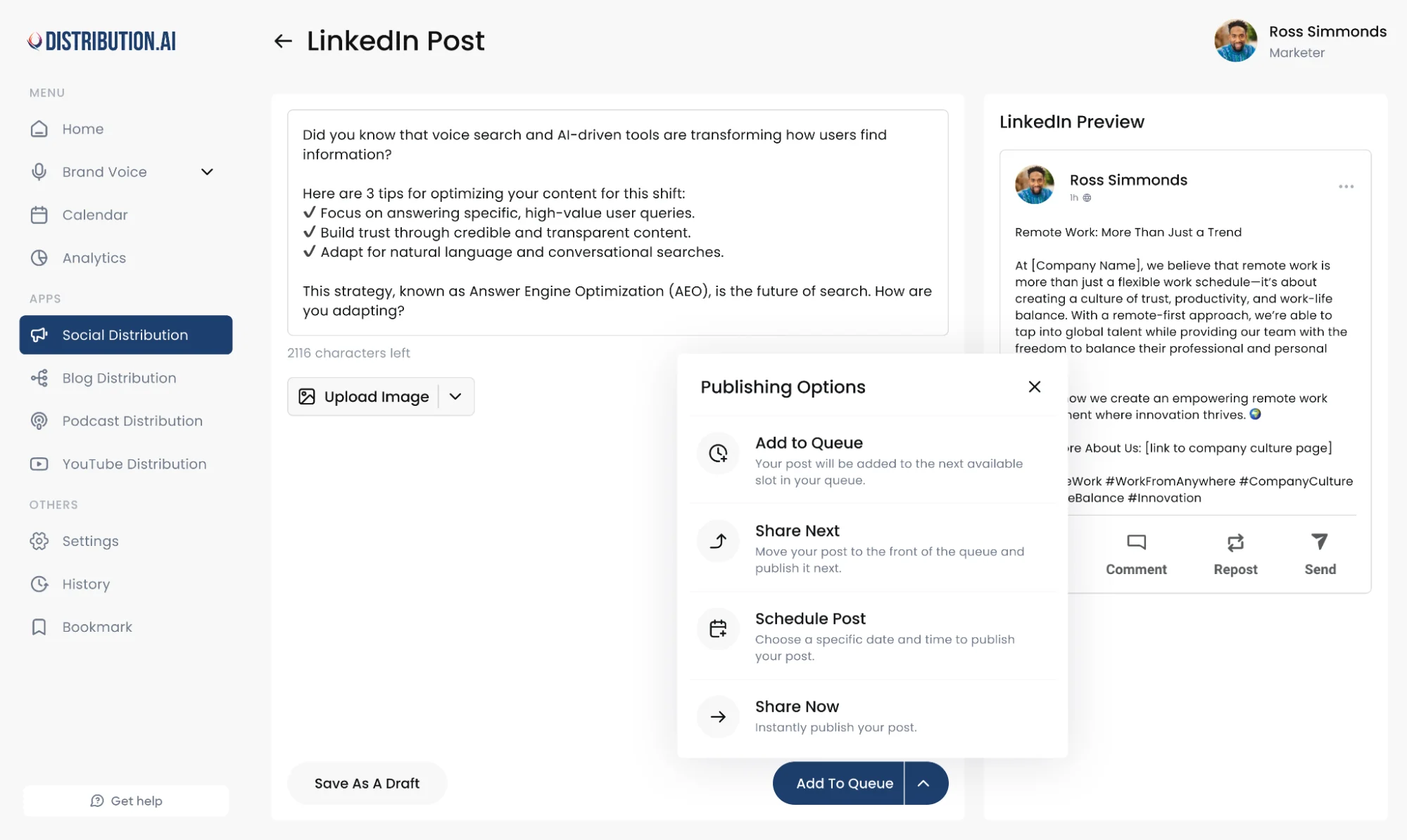 Distribution.ai social post editing screen