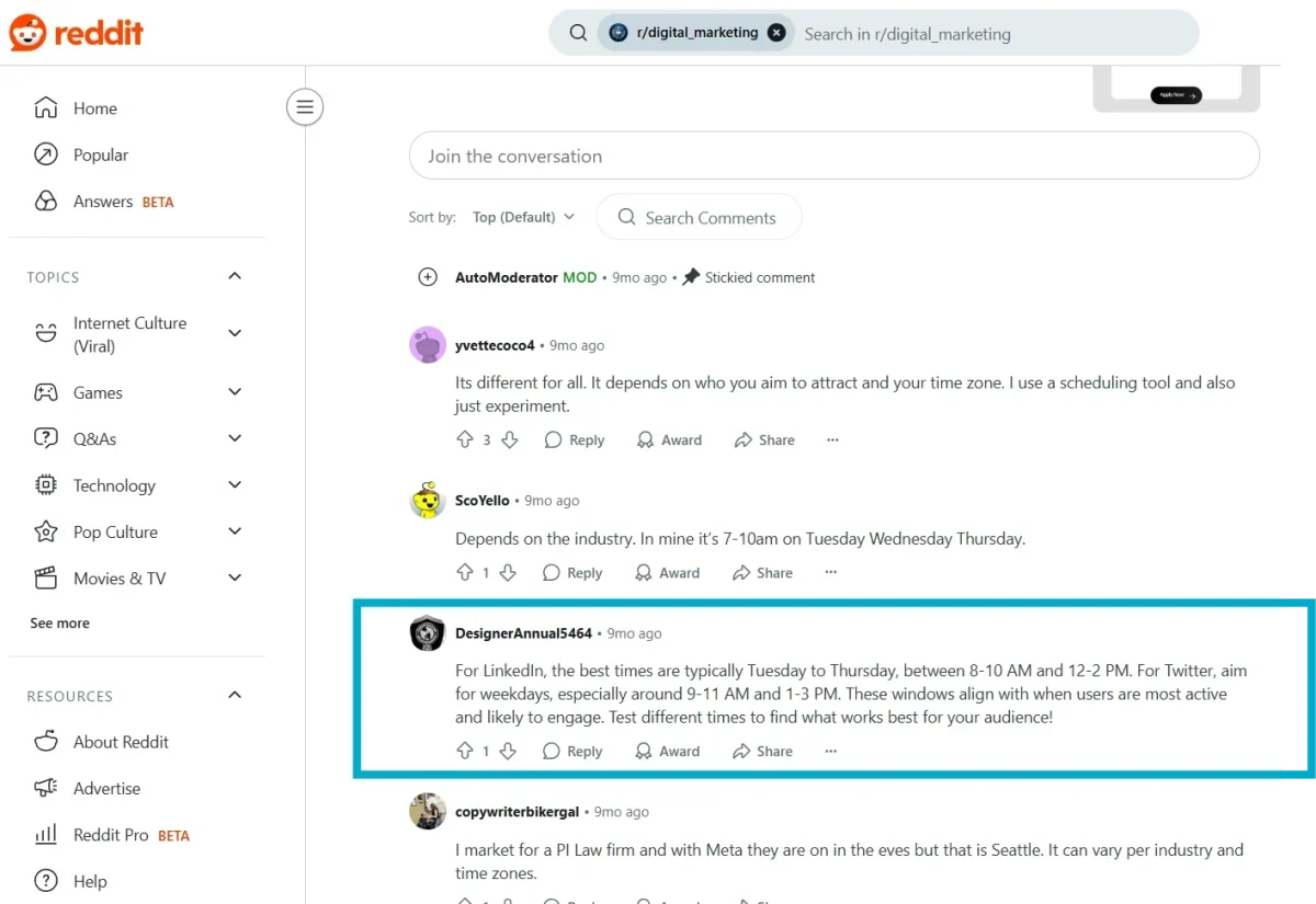 Reddit thread in r/digital_marketing about ideal posting times on different social media platforms