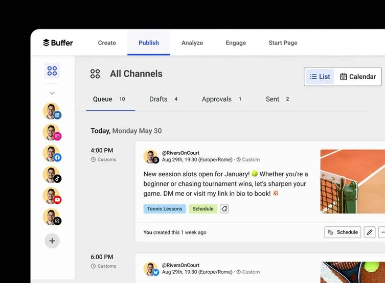 Buffer scheduling and publishing page