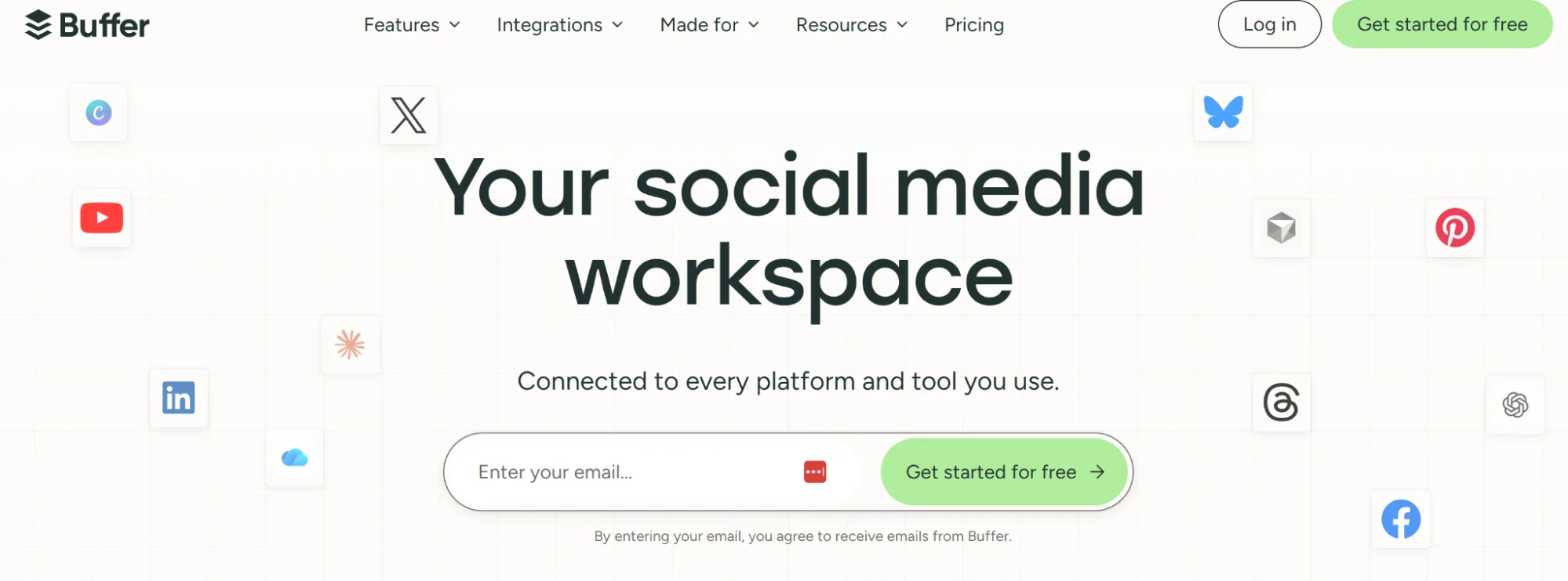 Buffer’s homepage with an email field that leads to the sign up page