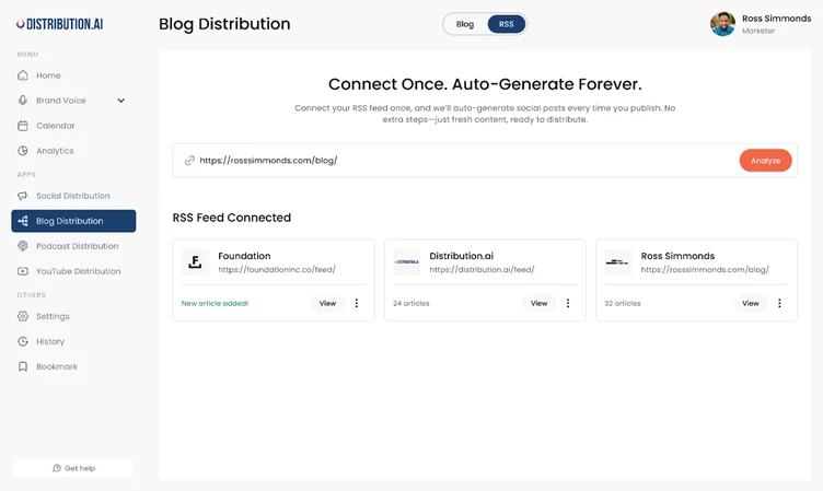 Connect your RSS feed and automate content generation and publishing