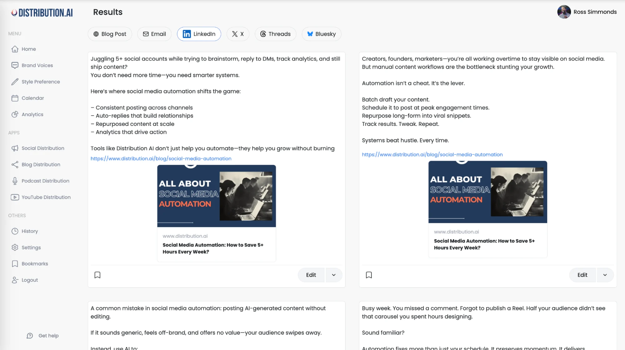 Distribution AI can create multiple posts across platforms from one pillar asset.