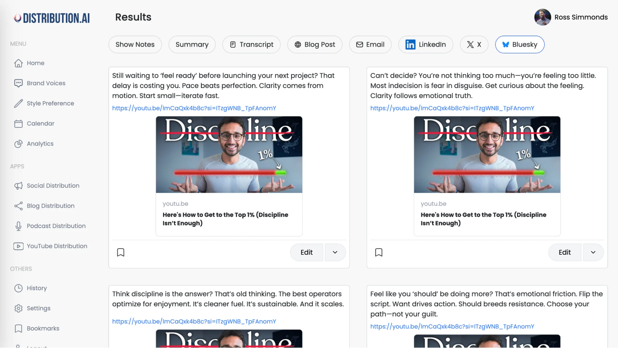 Distribution AI can generate social media posts from YouTube videos.