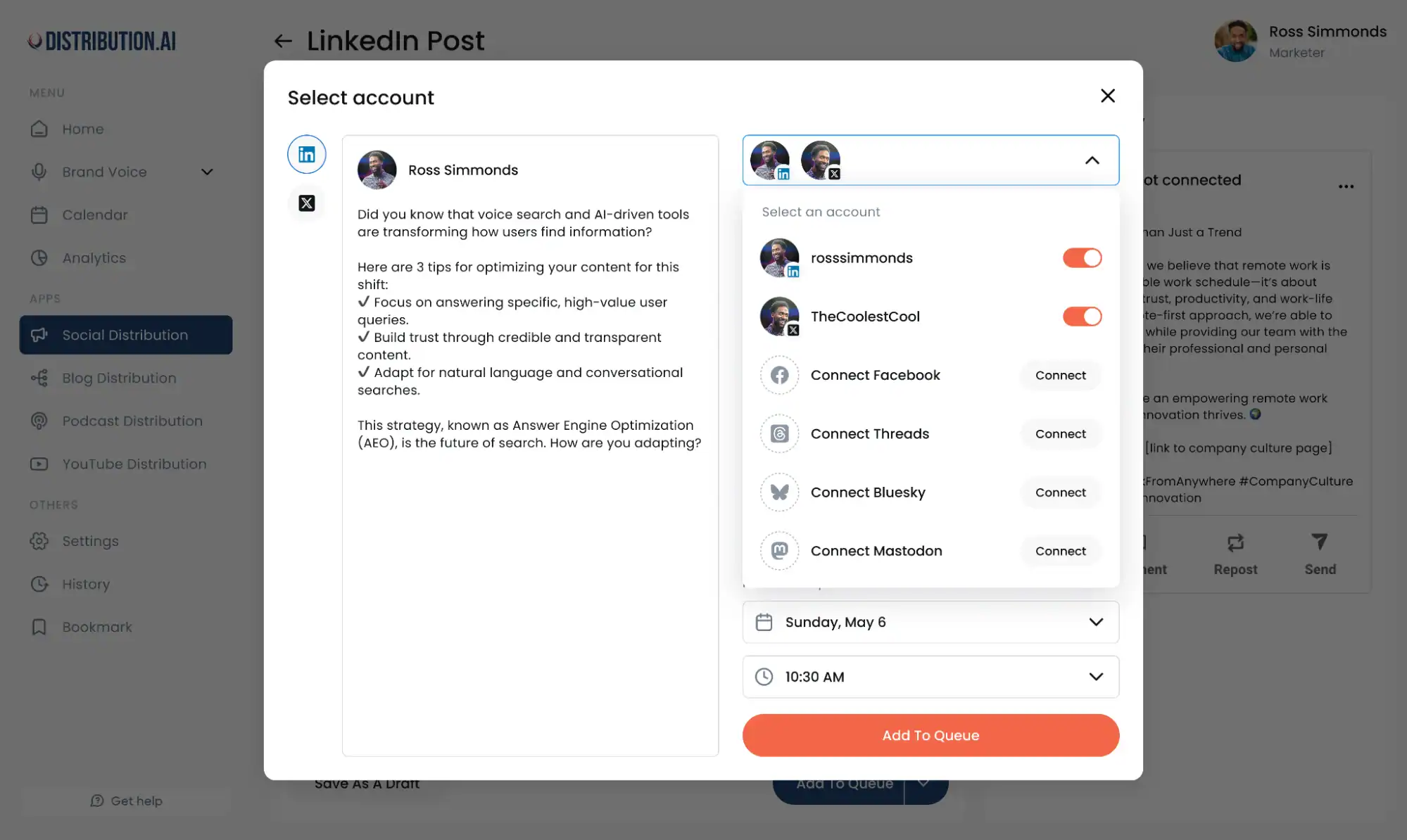 Distribution AI enables you to schedule posts on multiple social media platforms across multiple accounts