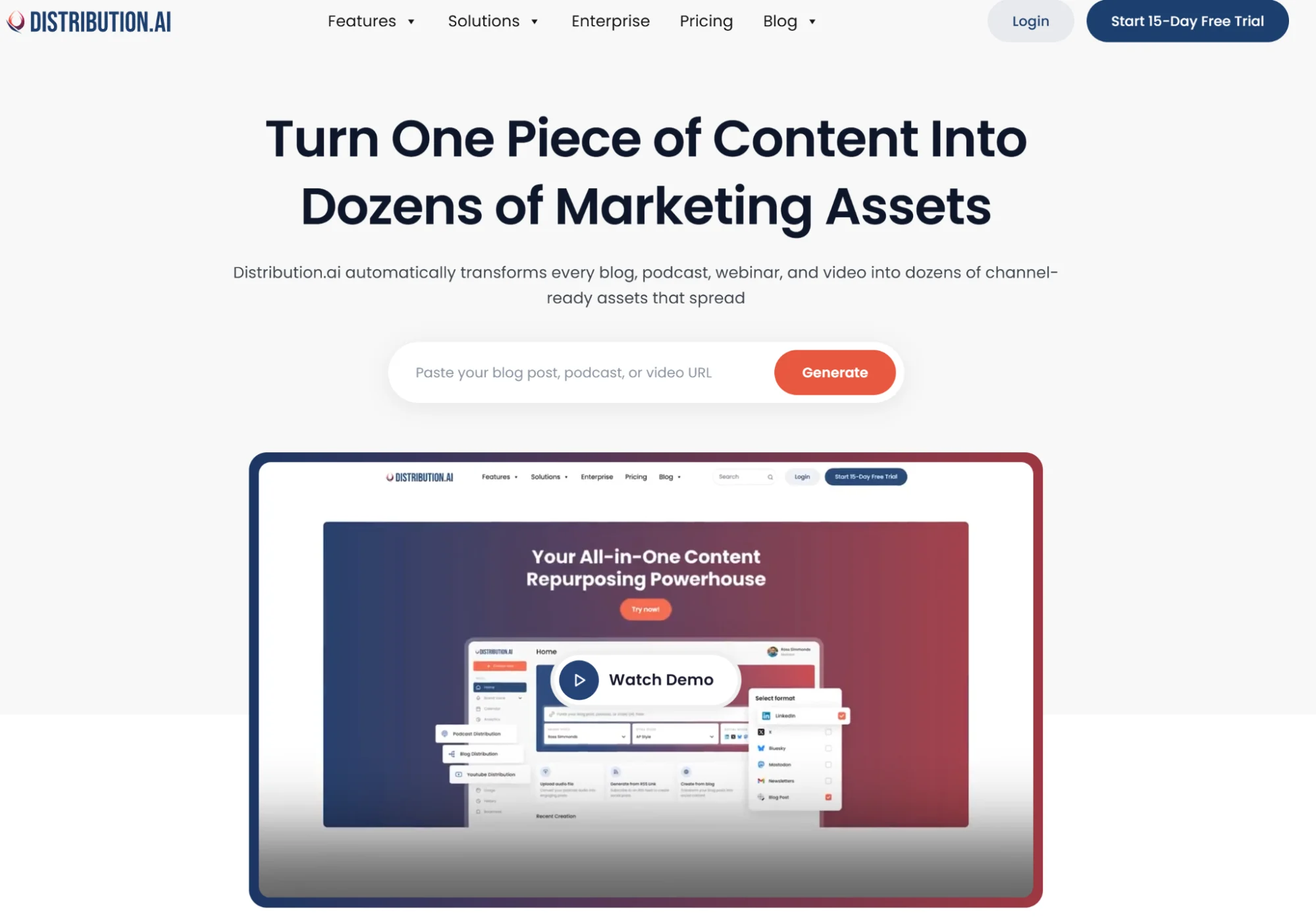 Distribution.ai's homepage mentioning its automated content repurposing features.