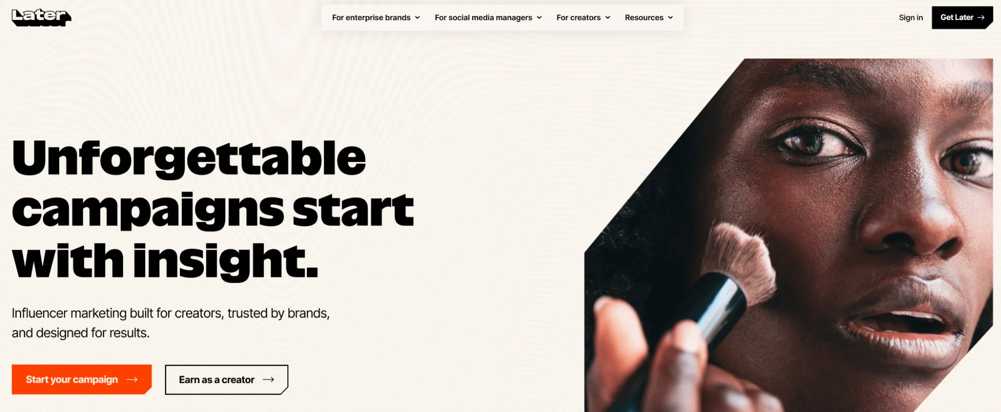 Later’s homepage mentioning the brand’s influencer-aligned featureset