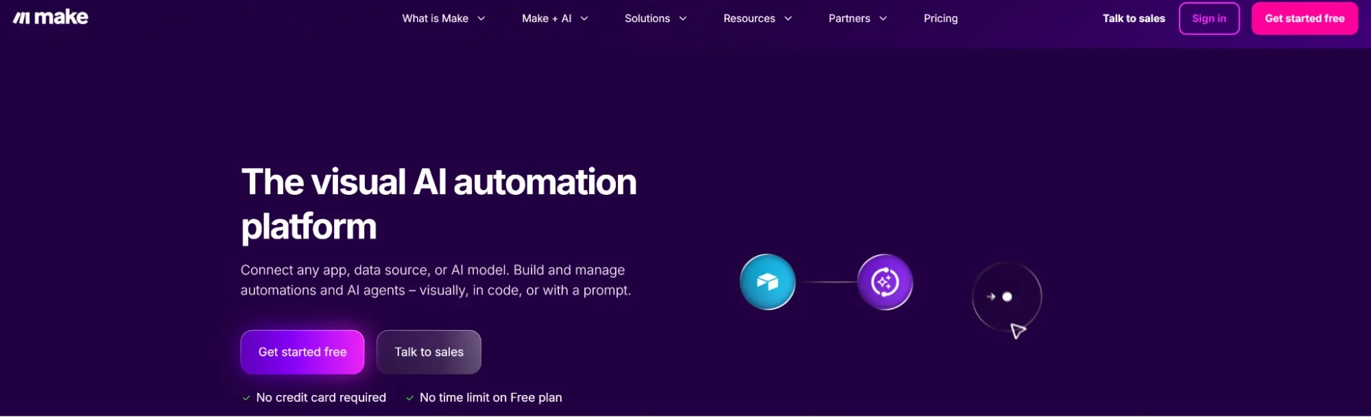 Make’s homepage explaining its visual automation workflow builder’s capabilities