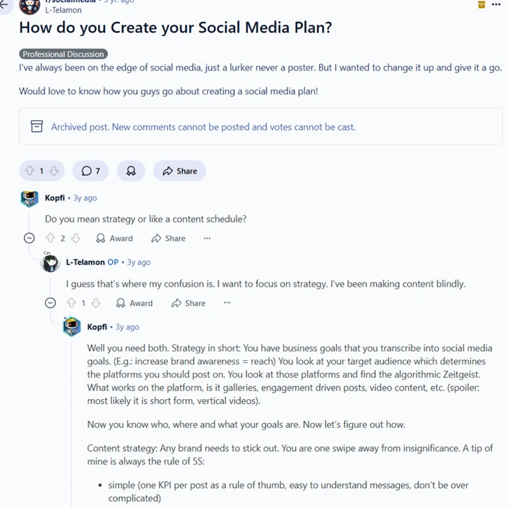 Reddit discussion on how to create a social media plan