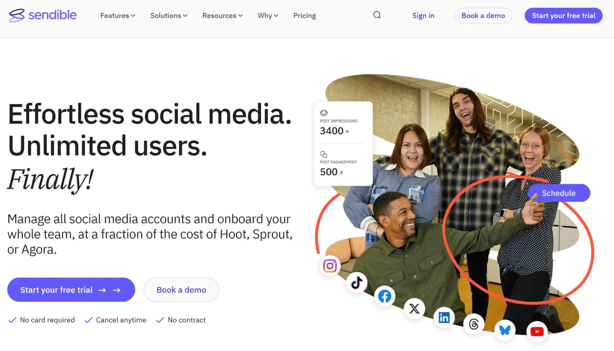 Sendible’s homepage showcasing its cost-effectiveness.