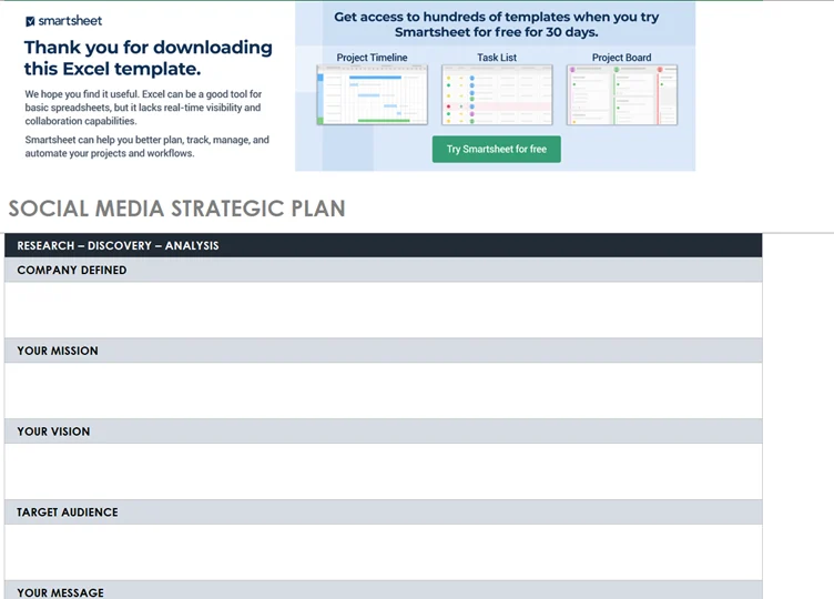 SmartSheet’s social media strategy plan template