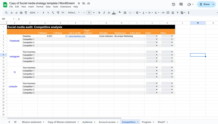 WordStream’s social media strategy template