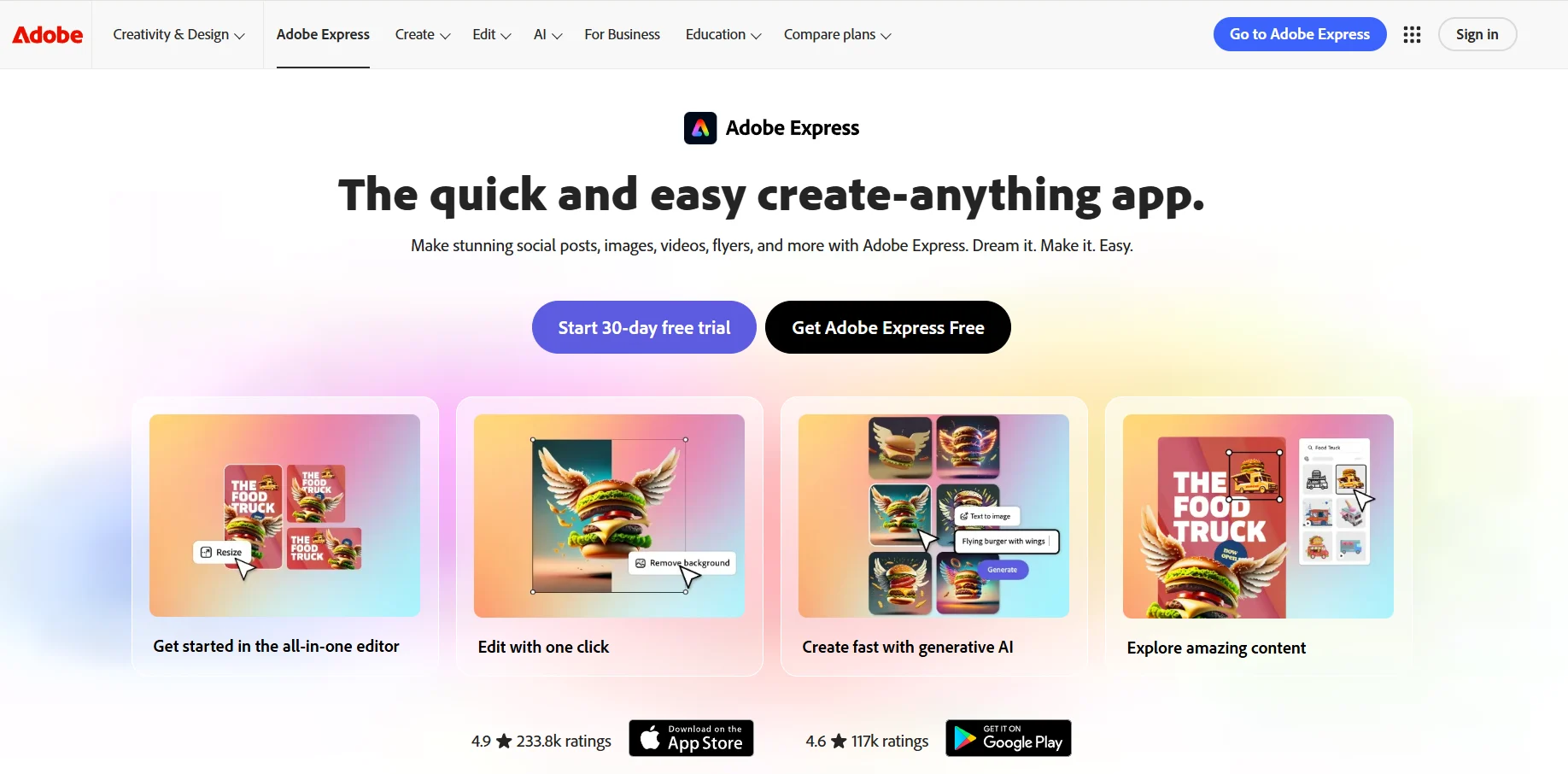 Adobe Express home page.