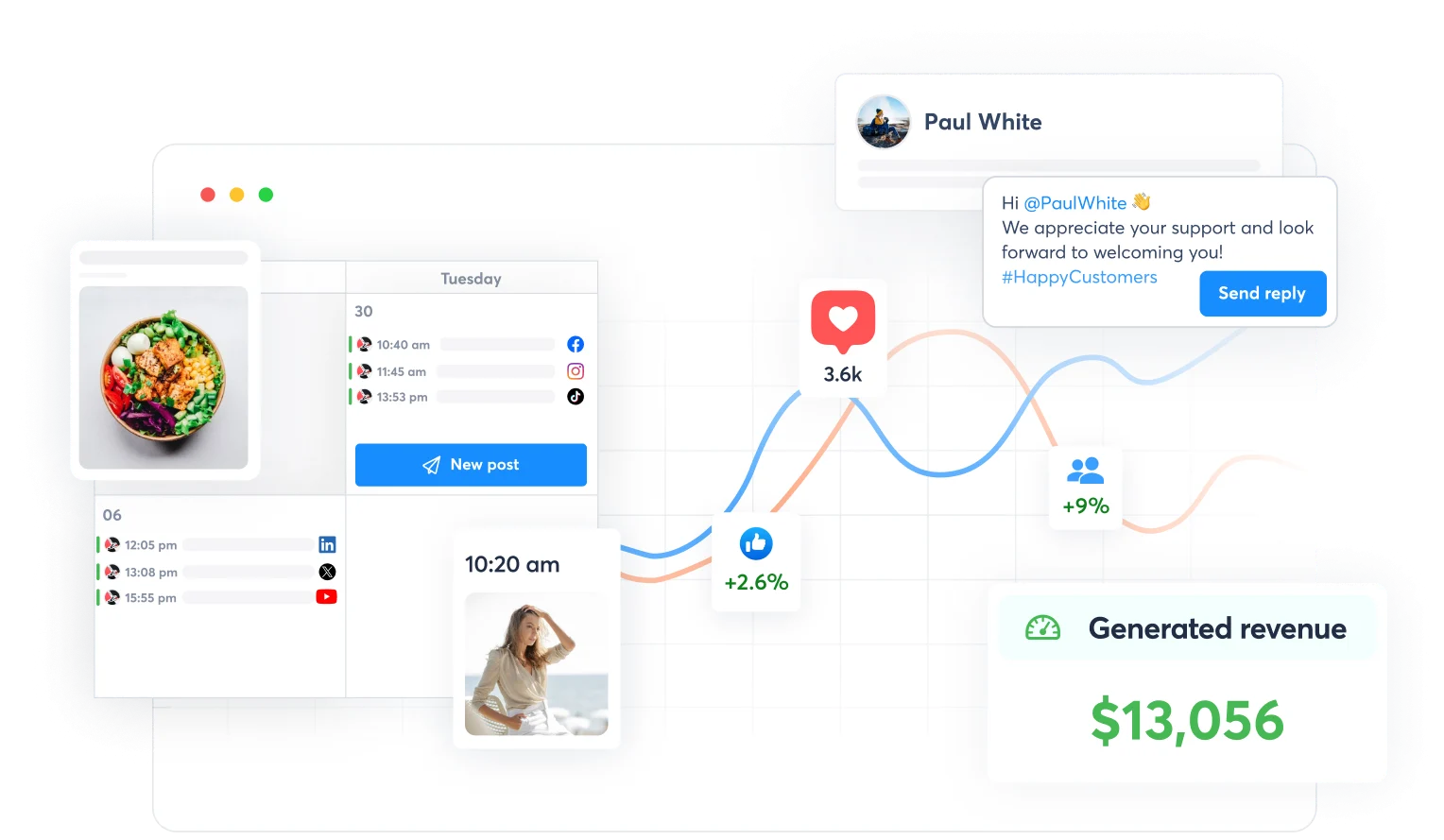 Agorapulse social media management feature screens.