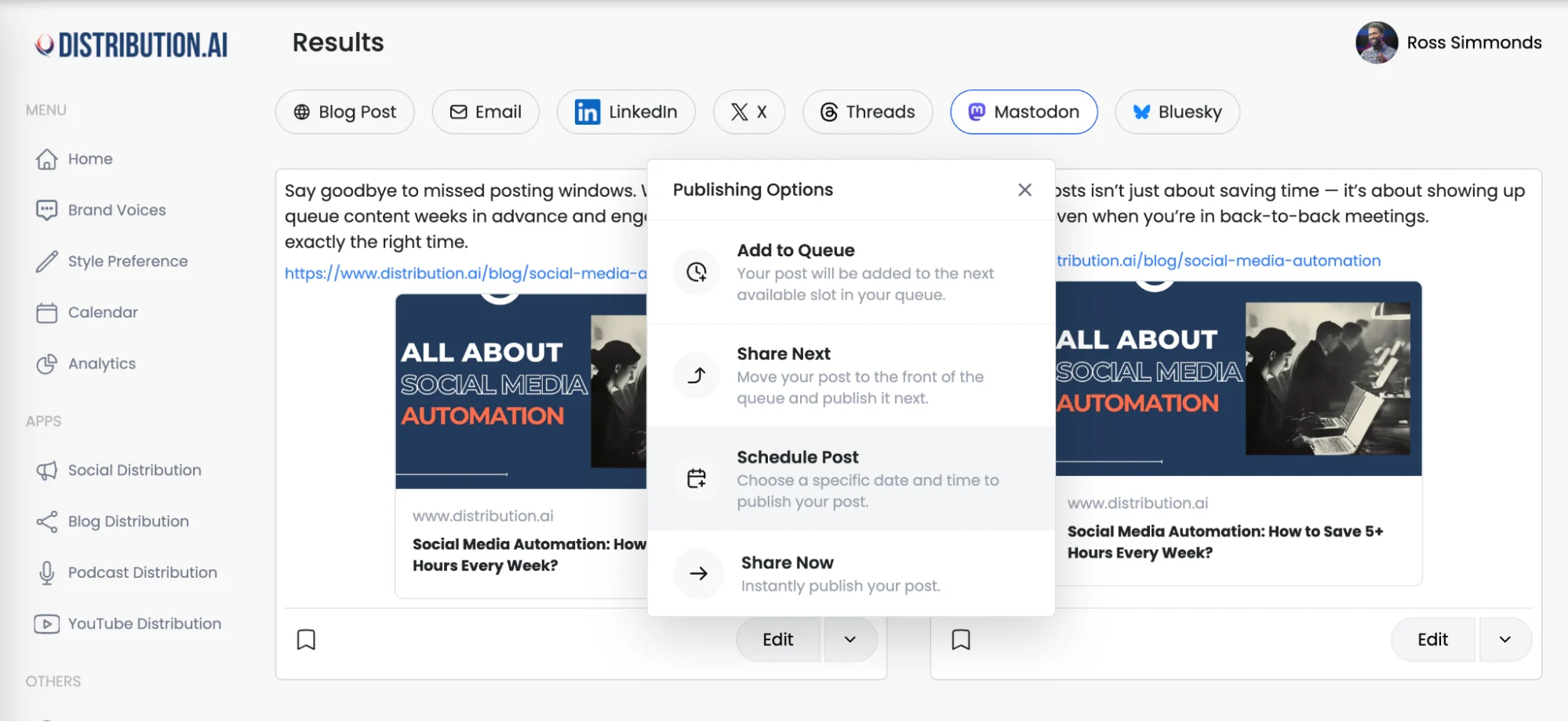 Distribution AI can create Mastodon posts from pillar assets.