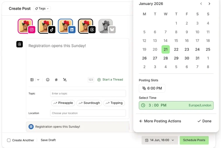 Buffer Publish space with a queue for multiple social media accounts, a calendar view and scheduling options.