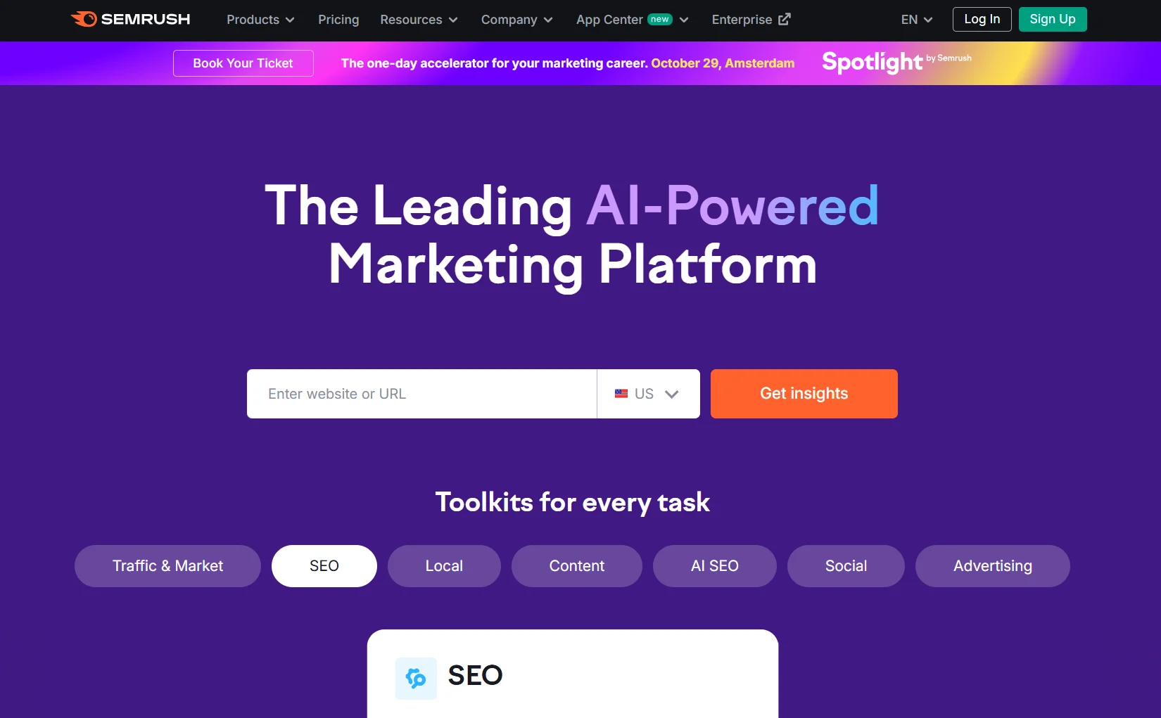 Semrush home page.