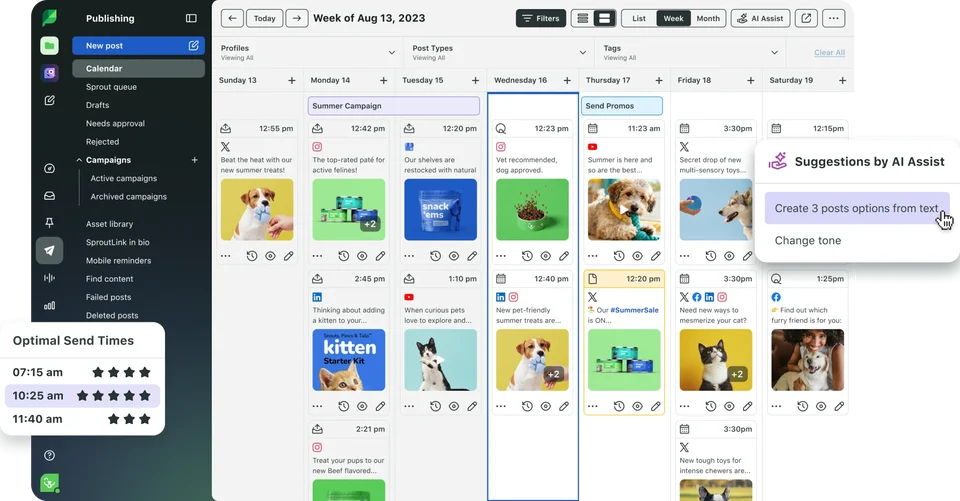 Sprout Social UI of an August 2023 content calendar. Optimal send times shown.