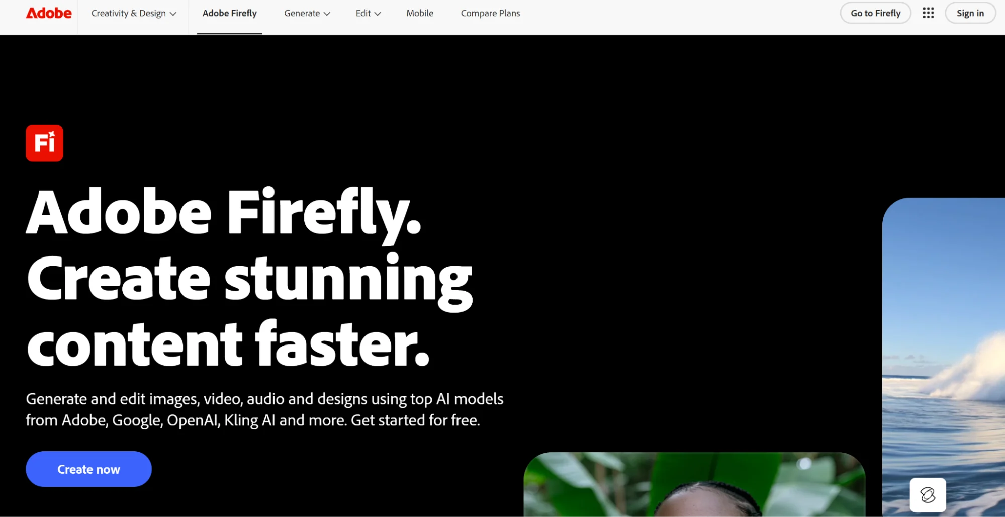 Adobe Firefly’s landing page summarizes its capabilities