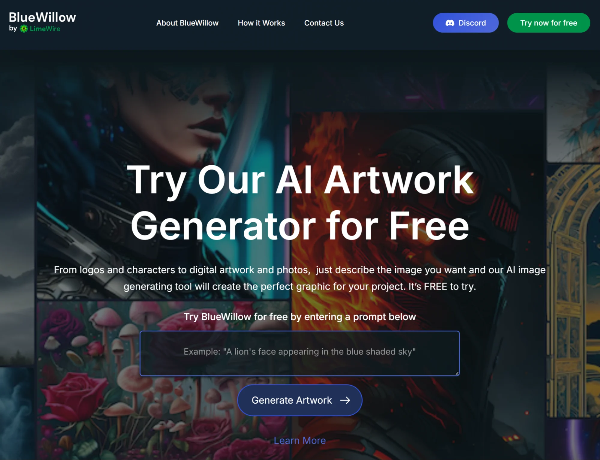 BlueWillow’s homepage showcasing the free image generator’s capabilities