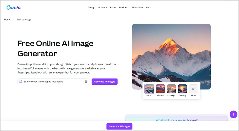 Canva AI image generator home page.