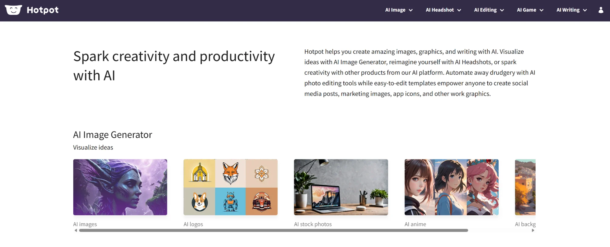Hotpot’s homepage showing the various capabilities of the image generator.