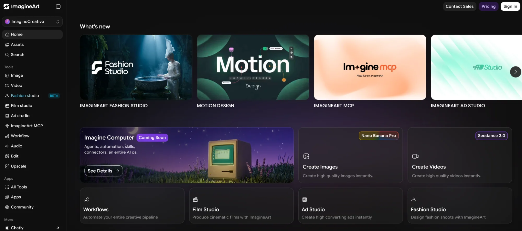 Imagine Art’s homepage showing different features as tiles.