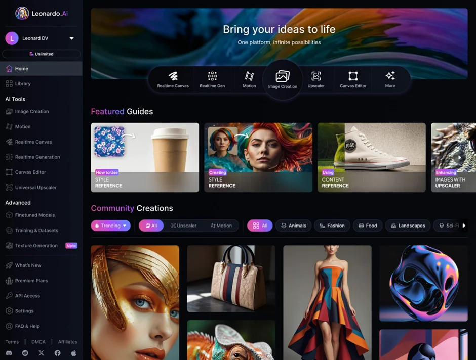 Leonardo AI home page.