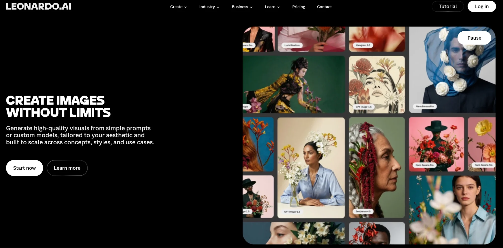 Leonardo.ai’s homepage showing its image generation capabilities.