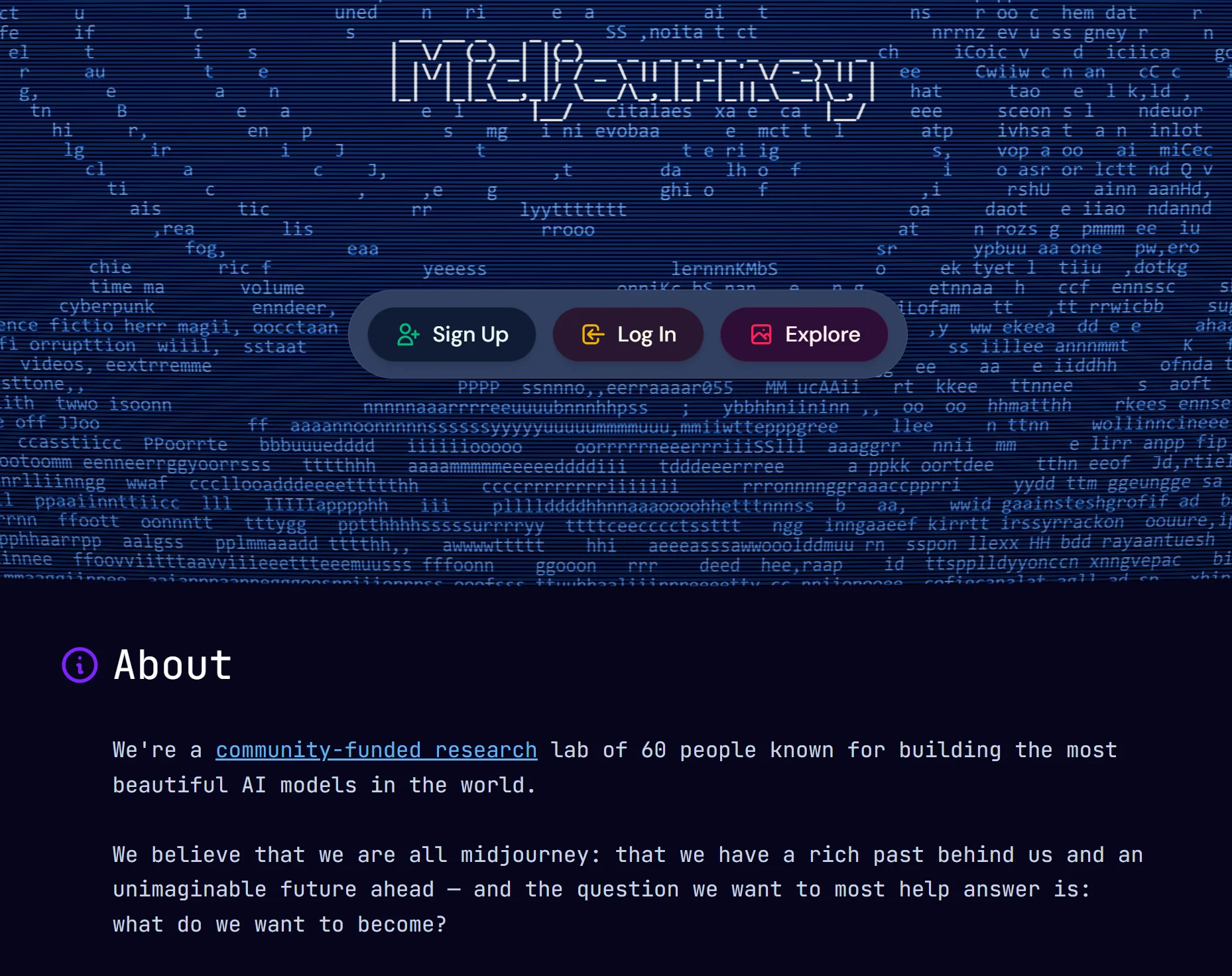 Midjourney’s homepage with links to sign up and a bit about the platform.