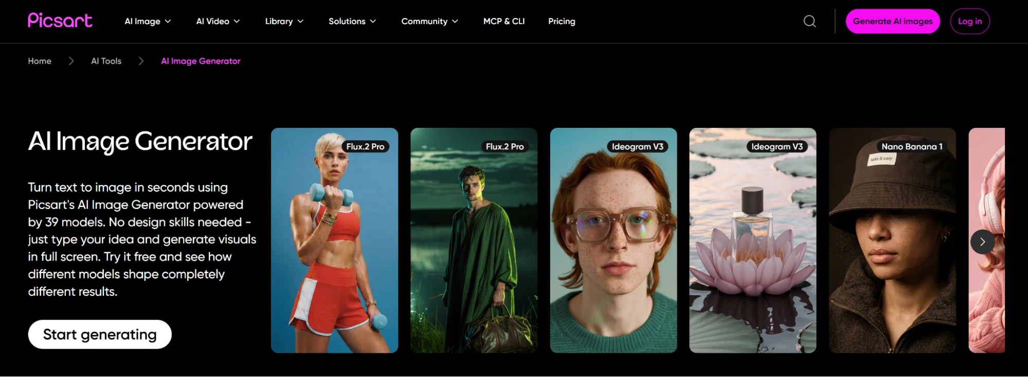 Picsart’s AI image generator page showing the output of different models