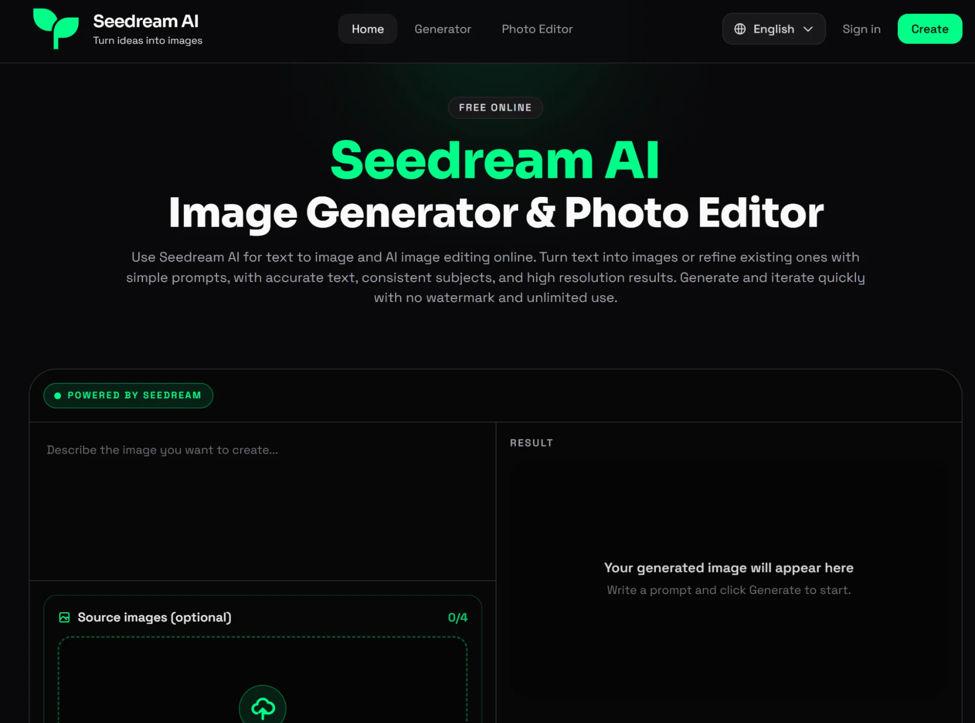 Seedream AI’s homepage with an image generation widget.
